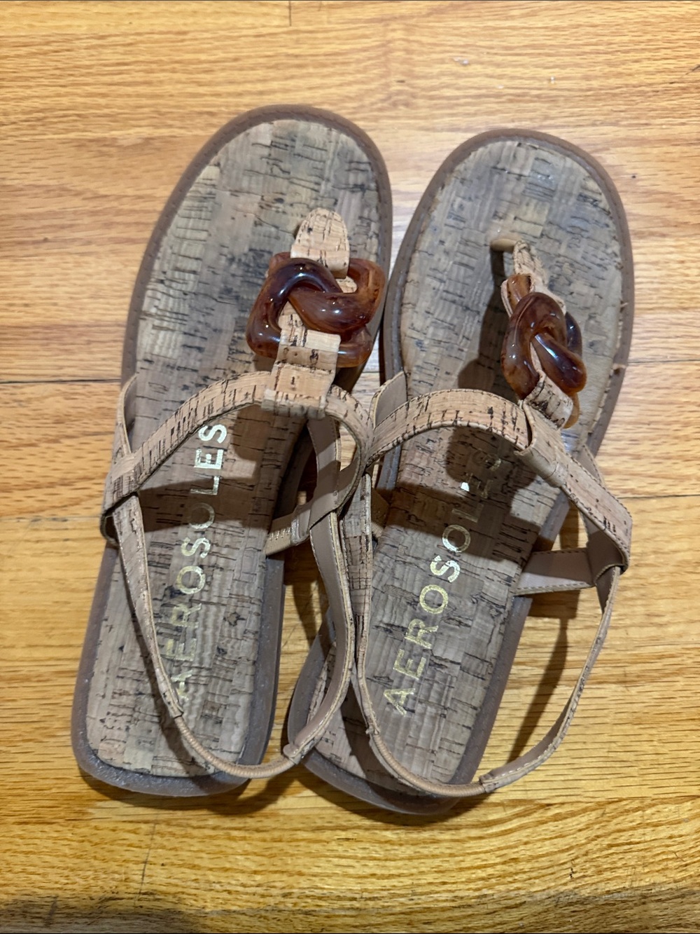 AEROSOLES Beige Cork-Pattern T-Strap Sandals with Brown Knot